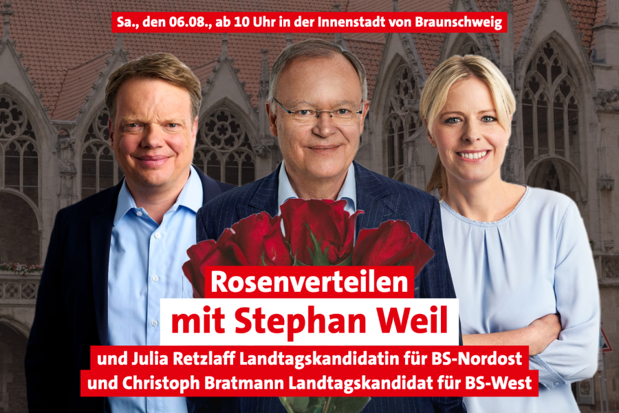 Collage aus Portraits von Christoph Bratmann, Stephan Weil und Julia Retzlaff, im Hintergrund das Altstadtrathaus