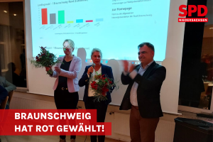 Julia Retzlaff, Annette Schütze und Christpos Pantazis stehen vor einer Leinwand. Darauf das Ergebnis der Landtagswahl im Wahlkreis 1 als Balkendiagramm.