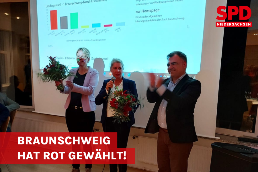 Julia Retzlaff, Annette Schütze und Christpos Pantazis stehen vor einer Leinwand. Darauf das Ergebnis der Landtagswahl im Wahlkreis 1 als Balkendiagramm.